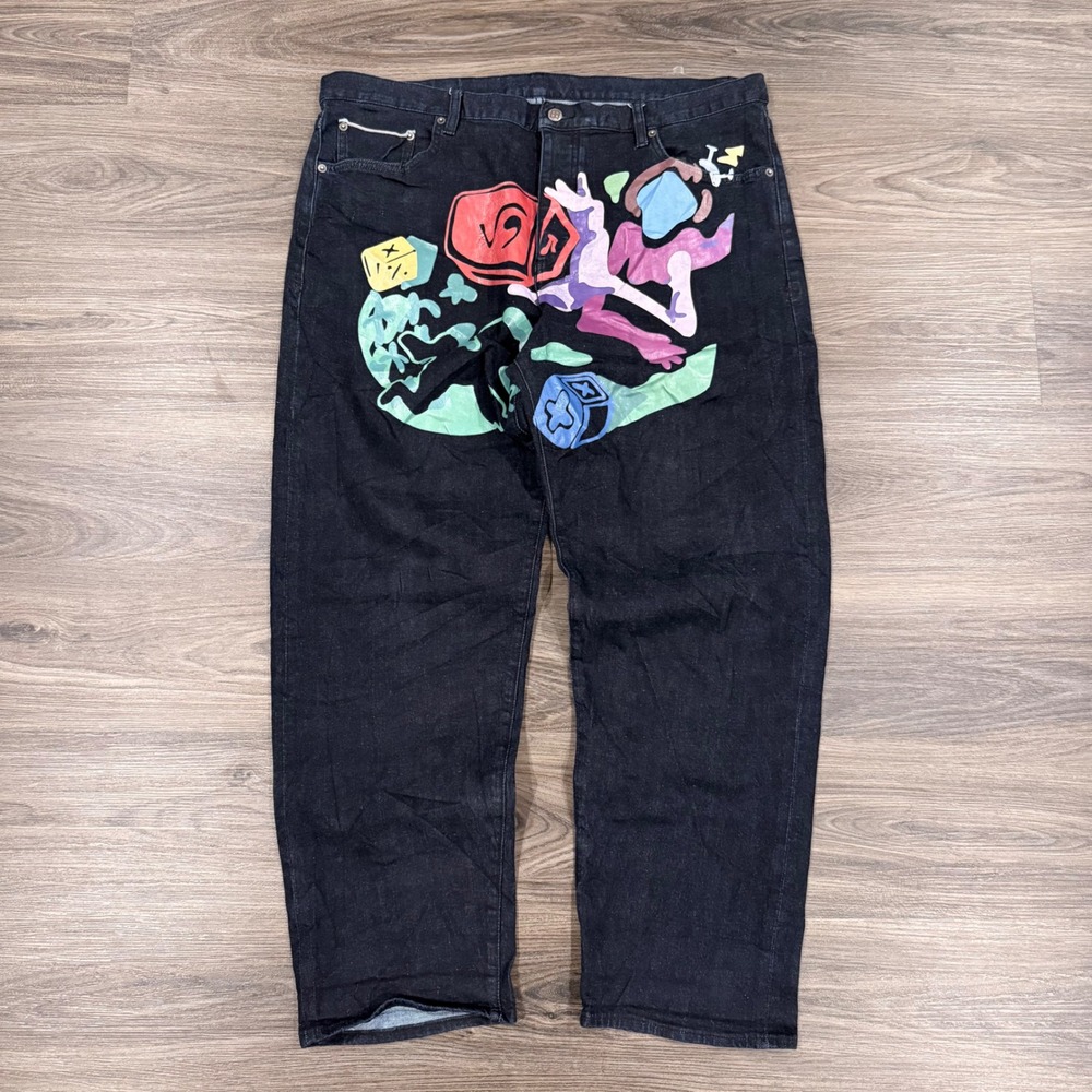 Ksubi Dark Wash Distressed Graphic Print Denim Selvidge button fly Jeans 40x30 - Picture 2 of 11